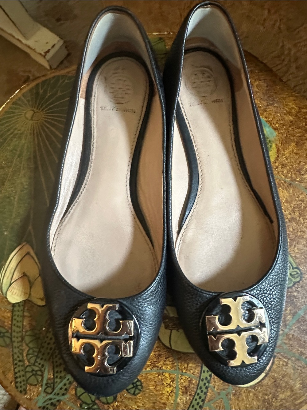Tory Burch Black Leather Flats with Gold Logo Emblem